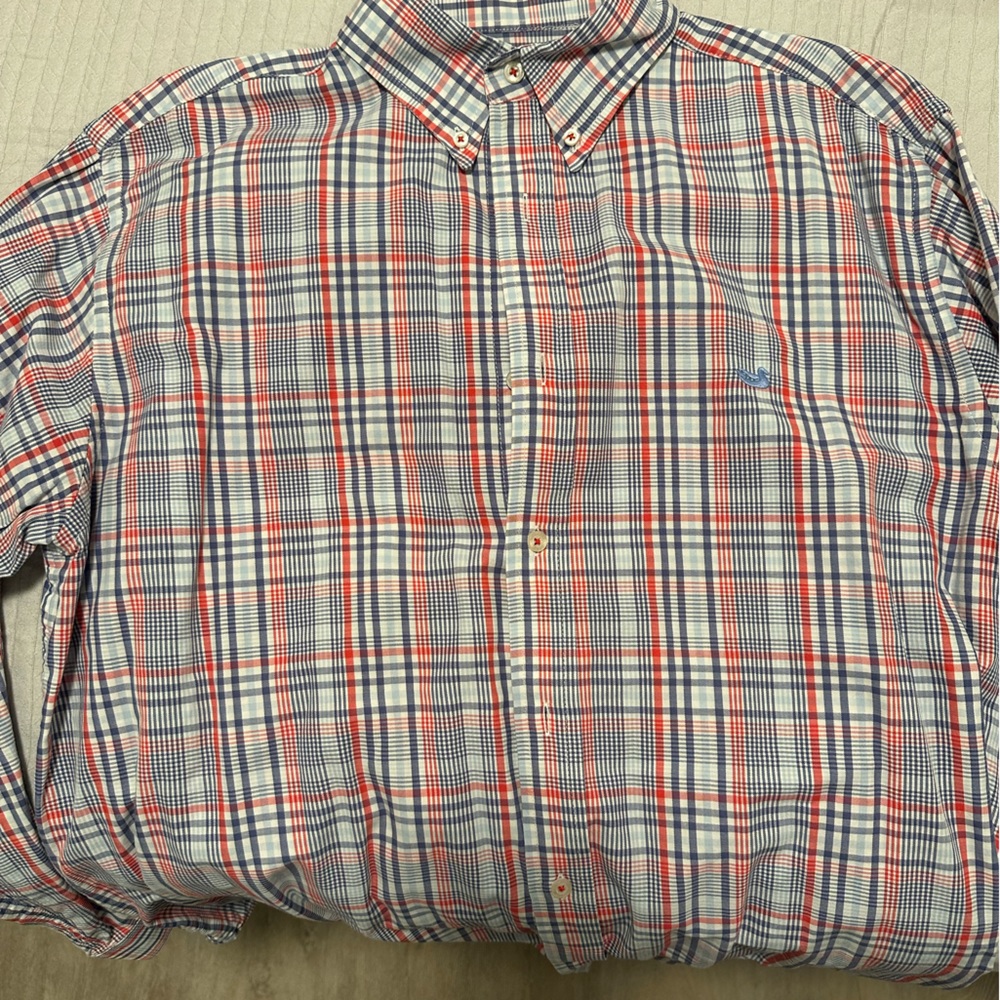 Southern Marsh Large Red, Blue and White Striped Dress Shirt.